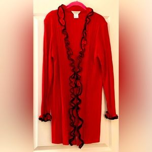 Misook cardigan with ribbed detail and long sleeves.